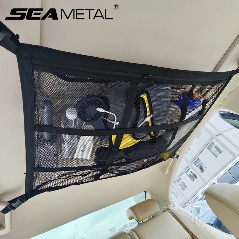 Car Roof Storage Bag Interior Ceiling Mesh Bag Double Layer Hanging Storage Net Pocket Interior