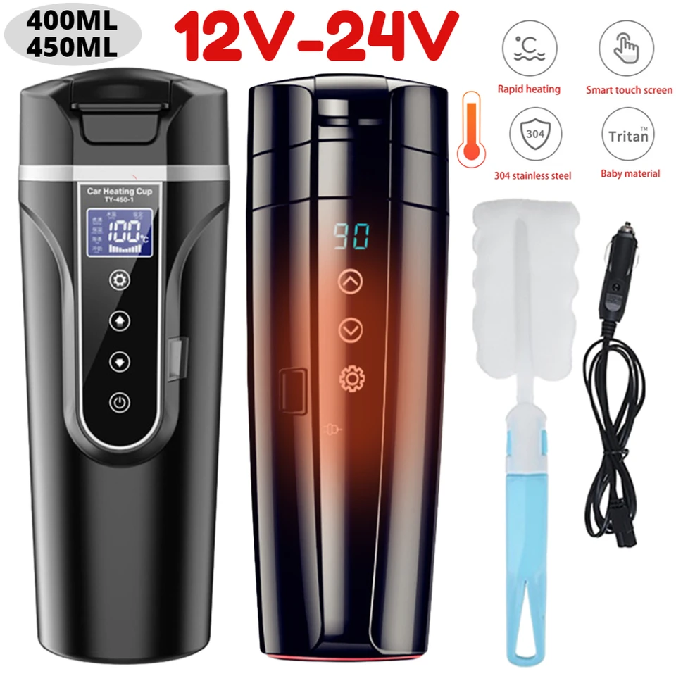 GRACEALL Elektrische waterkoker voor de auto, 12 V en 24 V, kleine waterkoker voor onderweg, 450 ml, voor vrachtwagen, auto, taxi, voor het bereiden van thee en babymelk, met instelbare temperatuur
