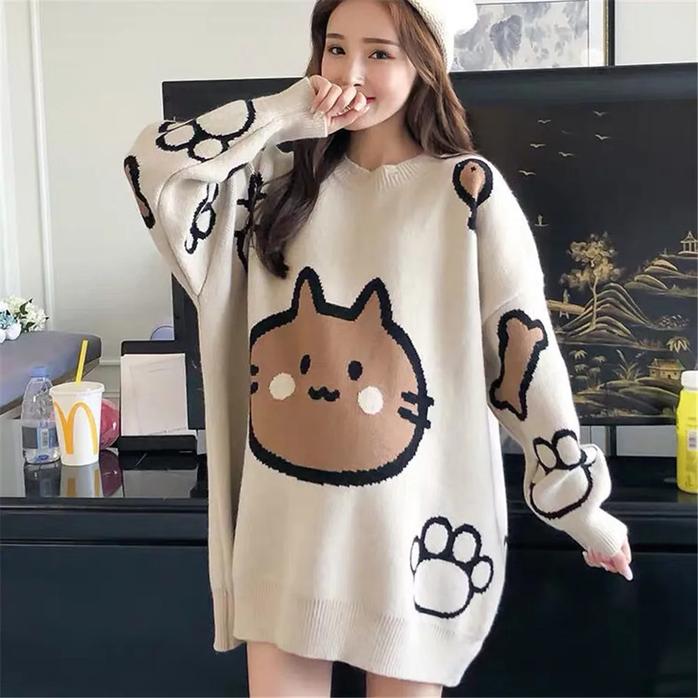 

2022 Cartoon Cat Print Tops Women Knitting Sweater O-Neck Pullover Jumper Oversized Sweater Harajuku Kawaii Funny Sweaters Girl