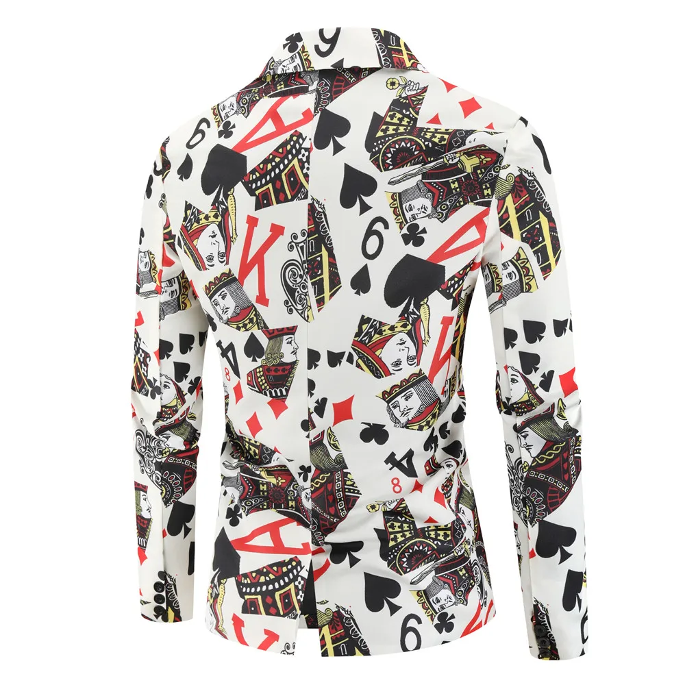 플레잉 카드 포커 프린트 재미있는 남성 블레이저 재킷 2025 한국 패션 파티 프롬 의상 남성 빈티지 수트 블레이저