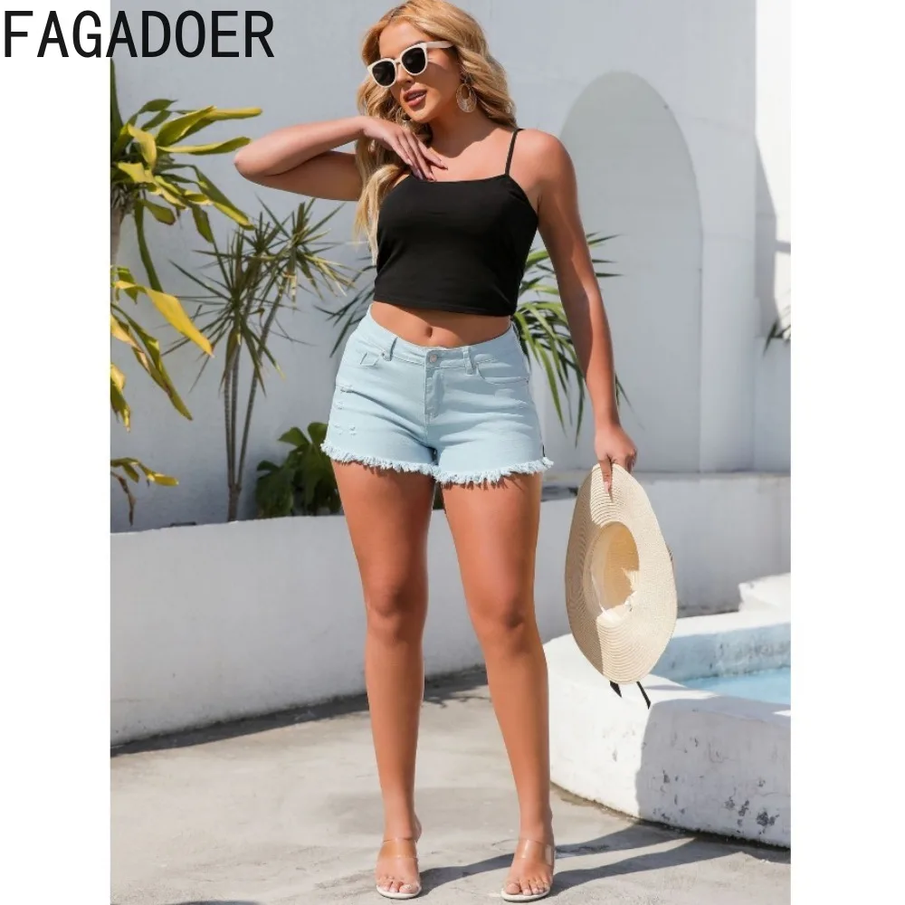 FAGADOER Vintage Blue Casual Rope Slim Denim Shorts Women High Waisted Button Pocket Slim Jean Fashion Cowboy Tassels Bottoms