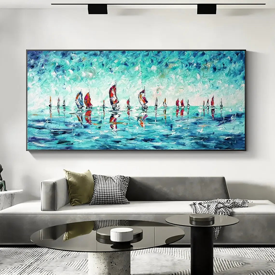 

Hand Painted Oil Painting Abstract Blue Ocean Sailboat Painting Large Wall Art Living Room Office Bedroom Seascape Wall Decor