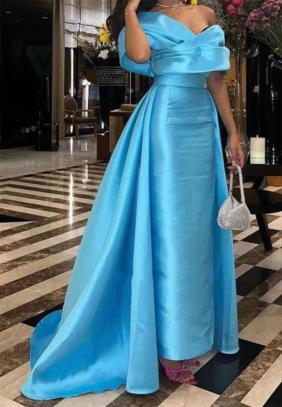 

Elegant Blue Satin Sleeveless Evening Dress Simple Detachable Saudi Arabic Floor Length Formal Prom Party Gown فستان سهرة نسائي