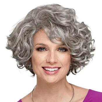 Short Curly Wigs for Women Synthetic Hair Grey Wig with Side Bangs Ombre Color Gray Wigs for Lady Dress Up Costume Party Cosplay 1