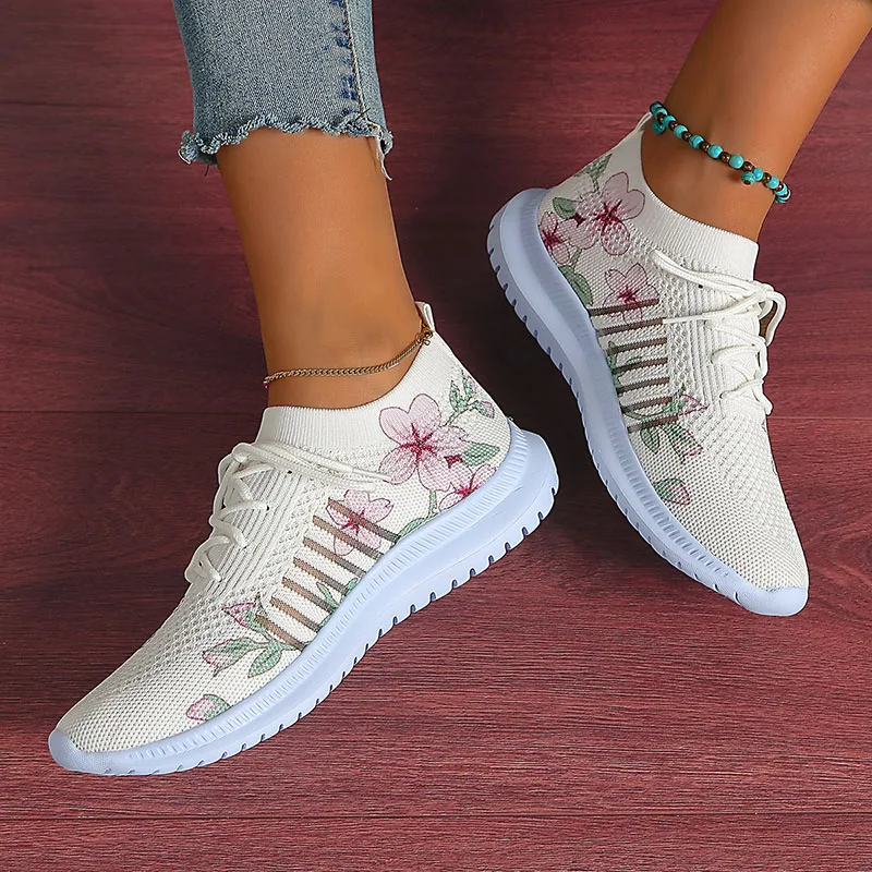 Fashion Printed Knitted Sneakers Women New Lightweight Breathable Flats Woman Lace-Up Non-Slip Ladies Sports Shoes women sneakers
