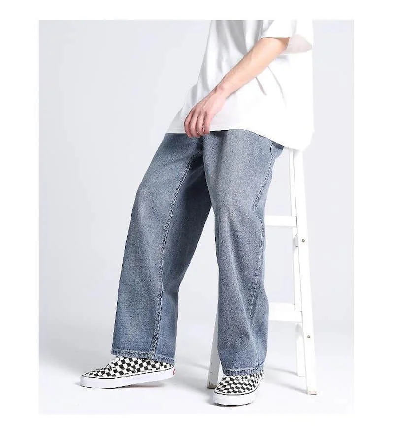 Calças de Brim de Cordão Total em Linha All-match na Moda Sólido Denim Comprimento Reta Solta Masculino Punk Baggy Retro Lazer Chique Cowboy Calças 6 comprimento total em linha reta solta masculino
