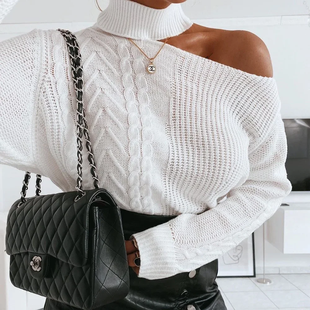 

Sexy Hollow Women's Sweaters New Casual Solid Loose Sweater Off Shoulder Knitted Pullovers Winter Oversized Knit Wear Streetwear