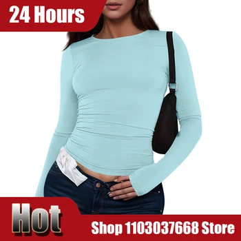 Womens Long Sleeve T-Shirt Autumn Plain Solid Color Bodycon Basic Tight Pullover Blouse Round Neck Slim Fitted Crop Top 2025 1