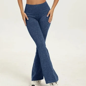 Women's Seamless Ribbed Knitted Bell Bottom Pants High-Waist Solid Slim Yoga Bell-bottoms Stretchy Gym Running Exercise Leggings