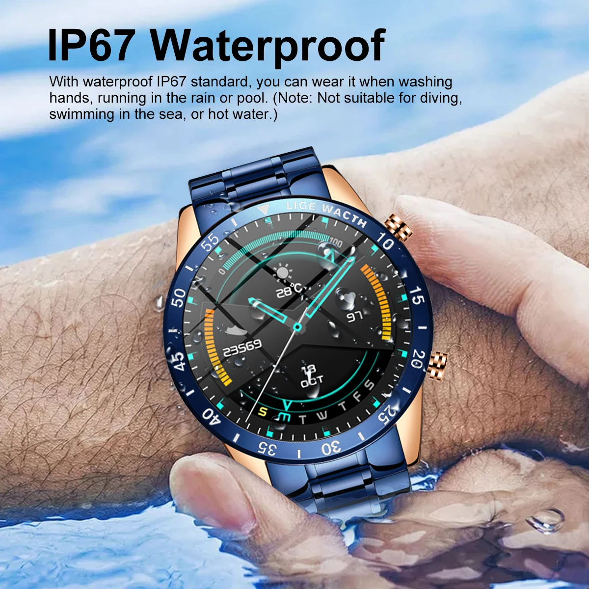 LIGE Luxury 1.39" HD Screen Men Smart Watch Bluetooth Call Steel Band IP67 Waterproof Sports Fitness Watch For Android ios Phone 5