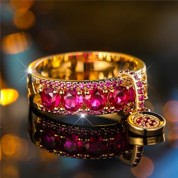 Luxury Female Rose Red Round Zircon Stone Engagement Ring Yellow Gold Color Wedding Jewelry For Women