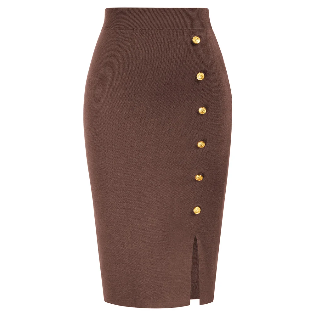 

KK Women Front Slit Sweater Skirt Elastic High Waist Knitted Bodycon Skirt