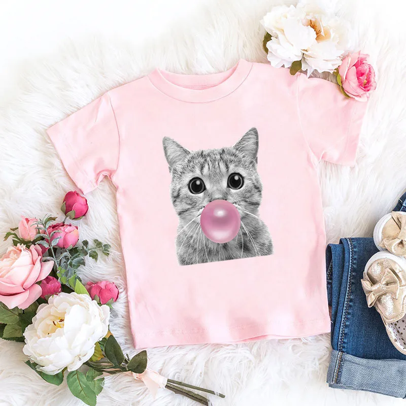 

Bubble Gum Cat Funny T shirt For Girls Cute Animals Rabbit Bulldog Kids Tops Baby Boys Clothes Pink Children T-shirt,GKT2059