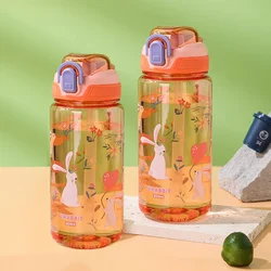 Cute Cartoon Animal Water Bottle with Safety Lock - 600ml Leak-Proof Straw Cup for Kids' Outdoor Adventures (Orange 2pcs)
