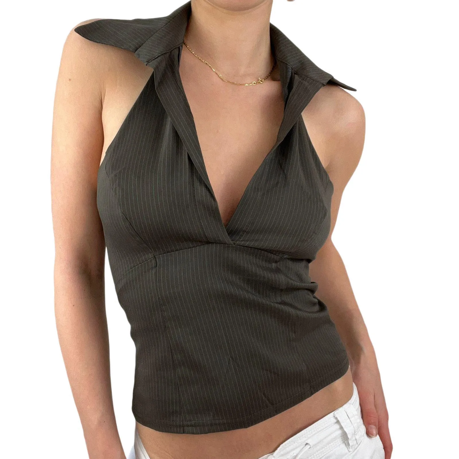 Women Summer Halterneck Tank Tops Casual V-neck Solid Color Backless Sleeveless Crop Tops Streetwear