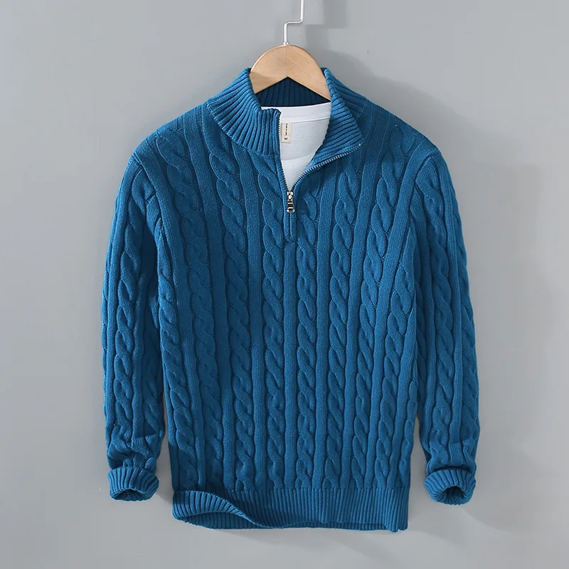 Basic Sweater Men Pullover Sweater Stand Collar Half Zip Cotton Thickened Knit Solid Color High Street