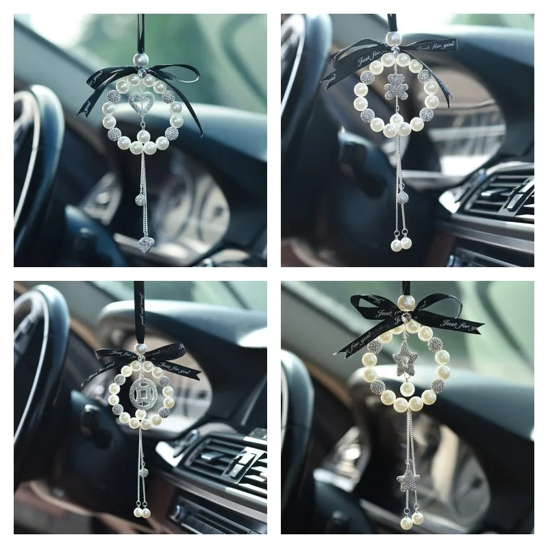 Pearl and Diamond Car Pendant Car Pendant Accessories Creative Cute Car  Rearview Mirror Decoration Doll
