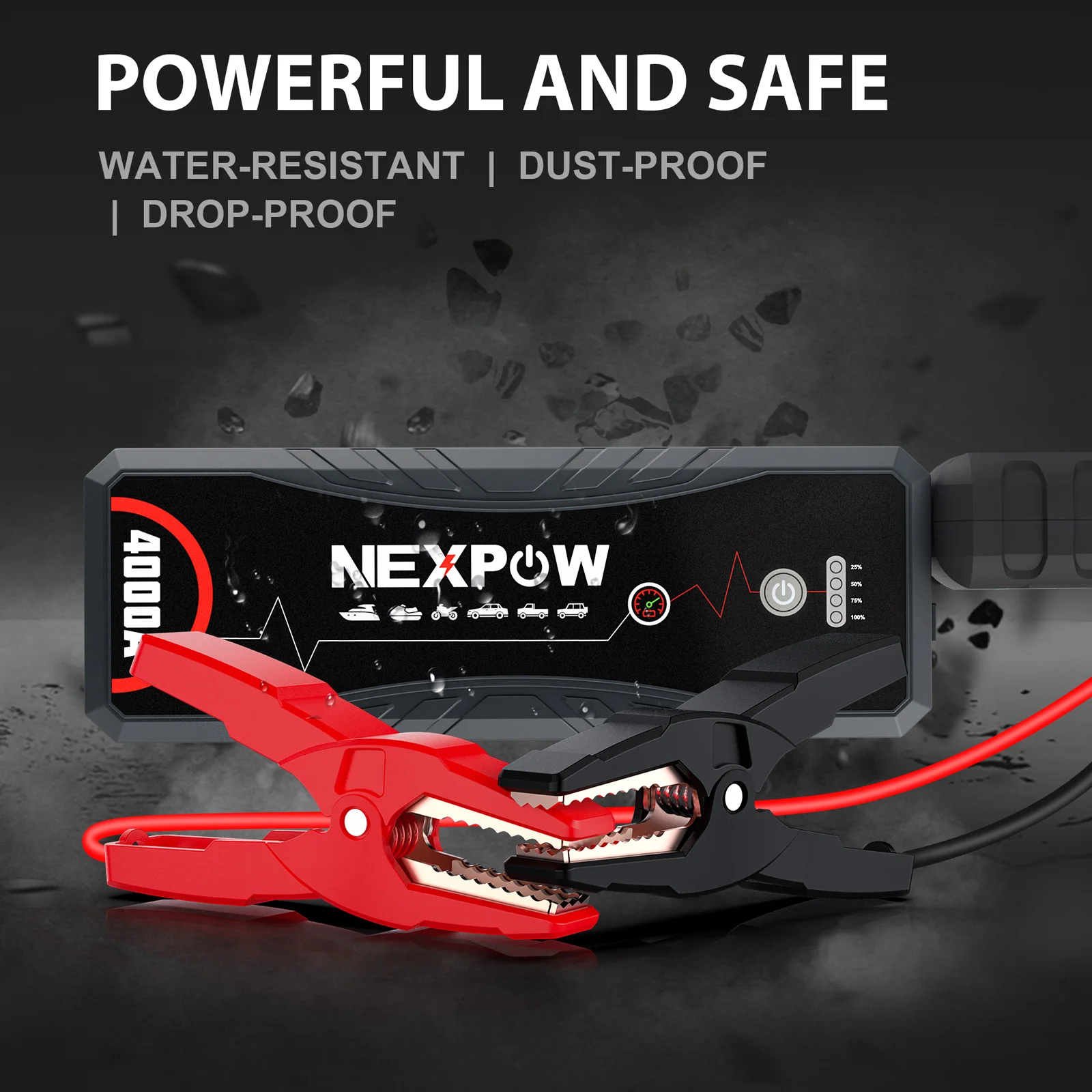 NEXPOW 4000A Portable Car Jump Starter Power Bank, 12V for All Petrol & 10.0L Diesel Engines, with LED Torch, USB & Jump Cable