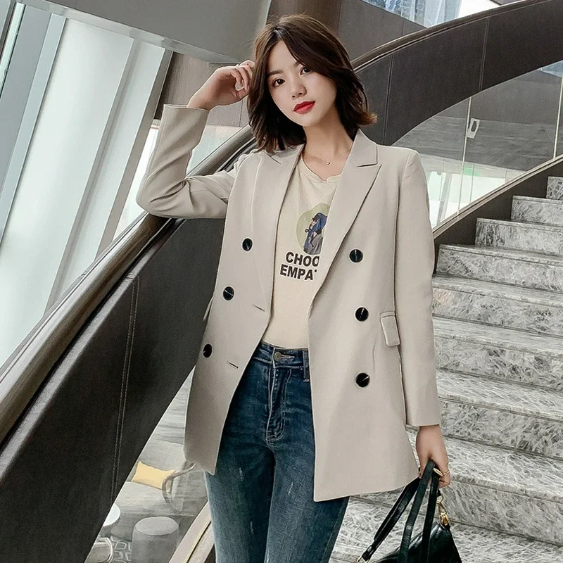 

Women Solid Colors Blazers Mid-Length Double Breasted Loose Suits Office Lady Vintage Long Sleeve Work Blazer Oversize 2023 New
