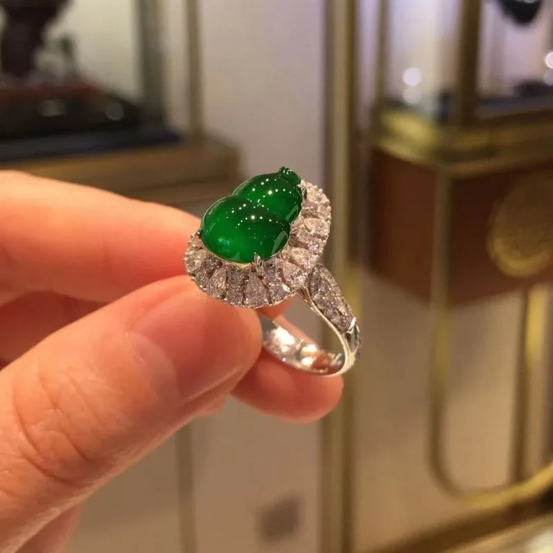 여성용 천연 옥세도니 녹색 조롱박 반지, 상감 크리스탈, 럭셔리 중국 스타일 반지, 클래식 연회 고급 주얼리 패션