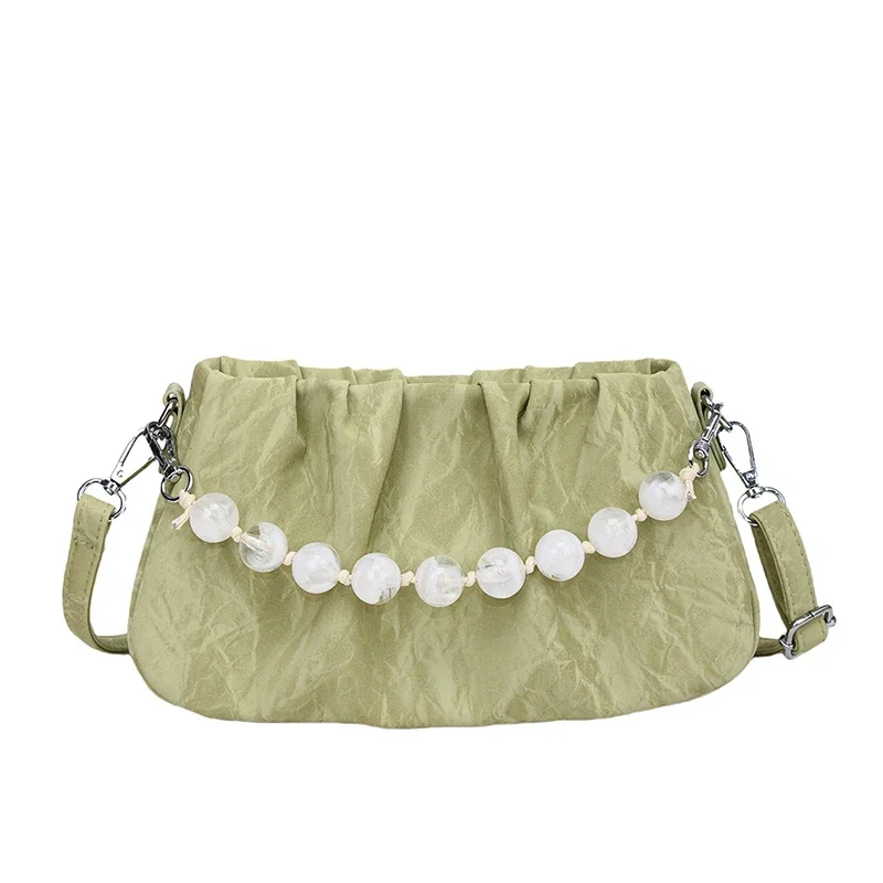 thumbnail image 1 of Bolso de hombro de PU sólido con cremallera para mujer joven, novedad de verano 2024, bolso cruzado portátil con volantes y cuentas de terciopelo de alta calidad., 1 of 5