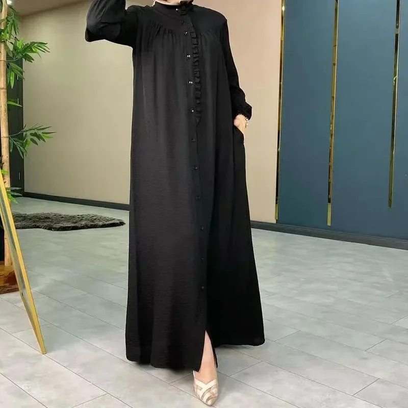 casual Muslim Dresses for Women Dubai Kimono Abaya with Buttons Robe Longue Islam African Clothing Turkey Modest Dress Vestidos