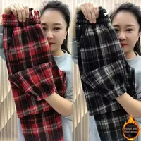 Women's Plaid Thickened Woolen Trousers Winter Fashion Slim Fit Harlan Pants Fleece Lined Cuffed Long Pants
