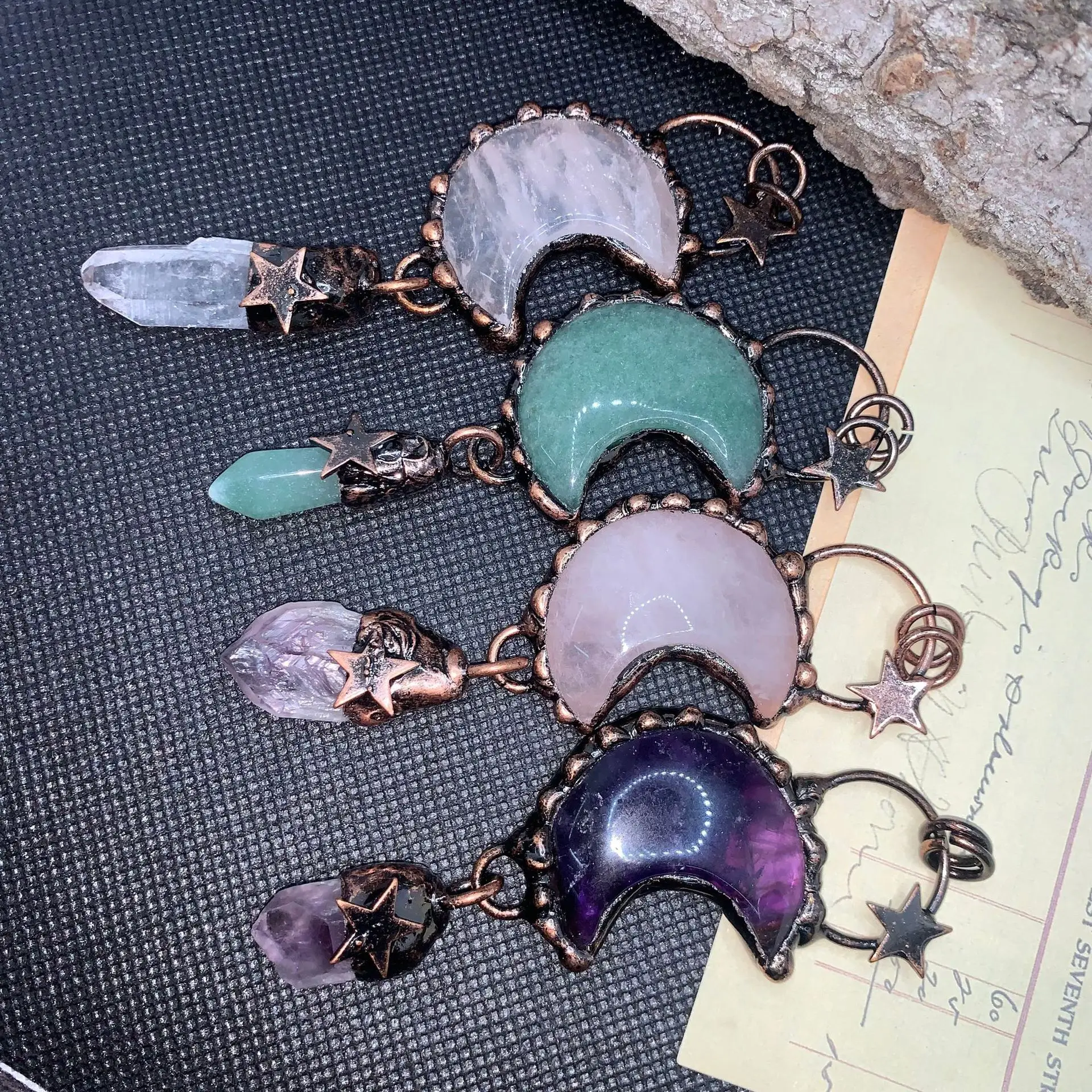 Natural Stone Antique Bronze Pendant Healing Crystal Amethysts Moon Star Vintage Charms for Necklace DIY Jewelry Accessories
