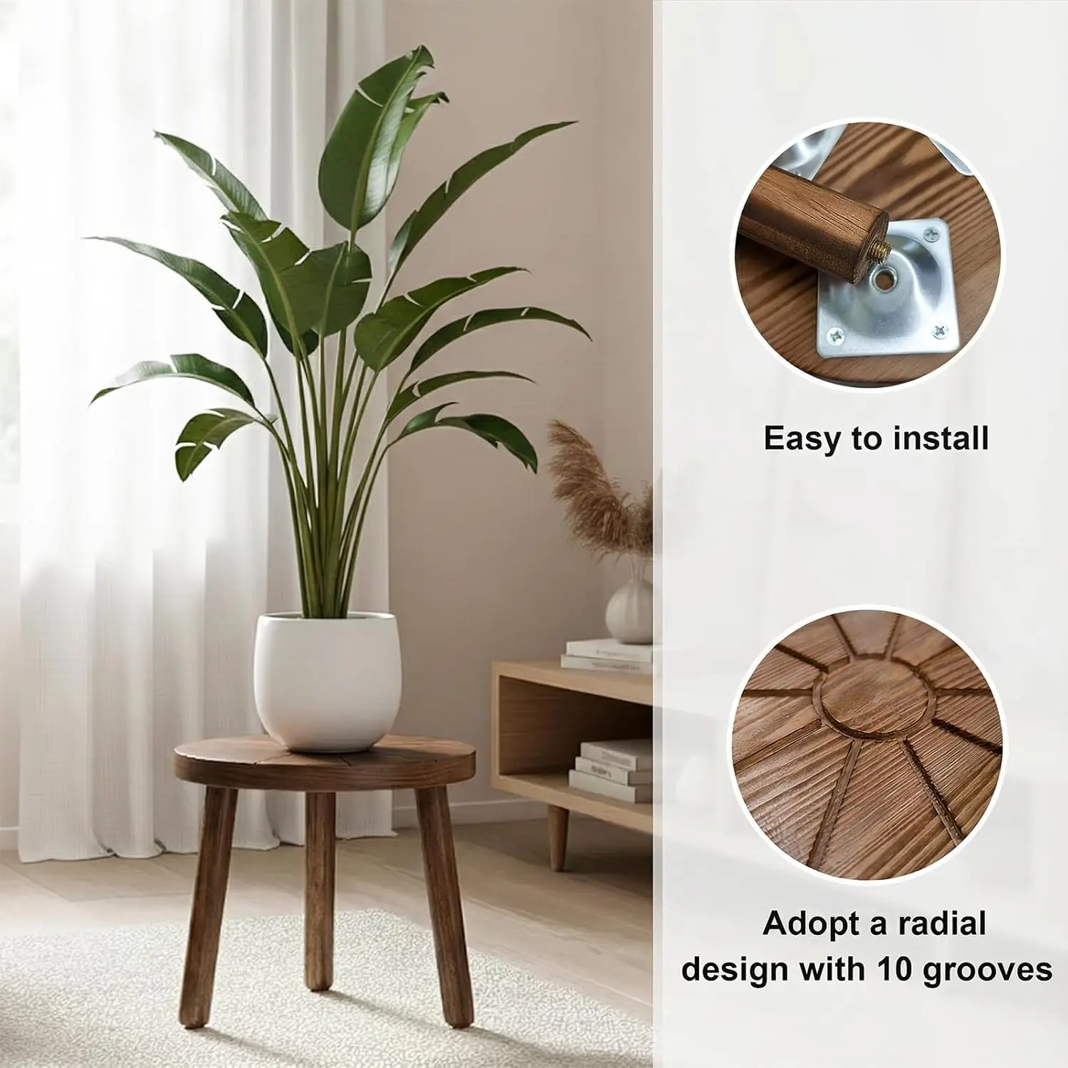 Five wooden stands arranged to create a tiered plant display