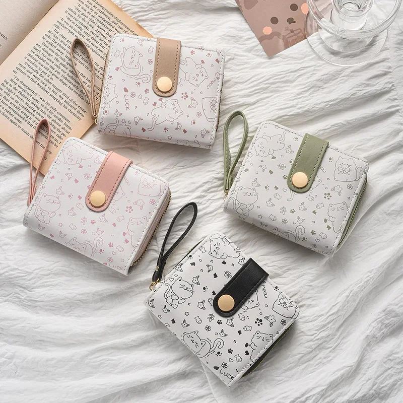 1pc Cute Cat Girls Wallet Short Student ID Bank Card Holder Money Bag Zipper Wallets for Women Key Storage Purse Coin Purse 3
