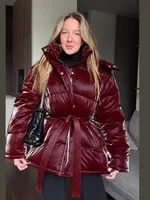 Elegant Women's Shiny Thicken Cotton Coats Hooded Detachable Zippers Lace Up Lady Coat 2025 Winter Chic Female Streetwear 6