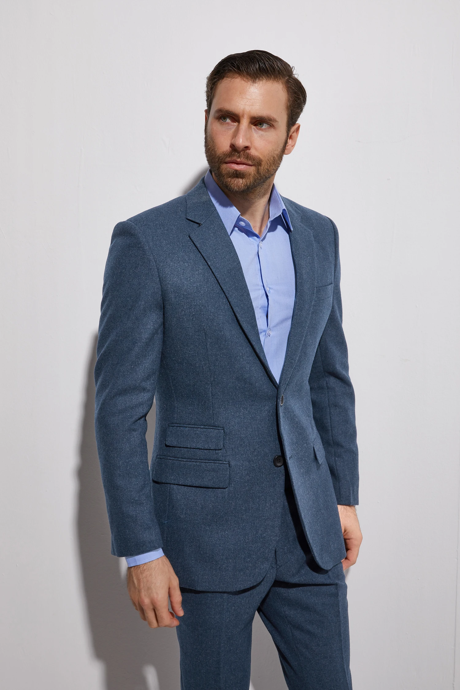 Gorgeous Slim Blue Grey Flannel Suits For Men Custom Made Men Blue Suit Warm Fashion Style Business Suits With Ticket Pocket