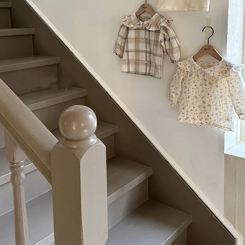 Baby Long Sleeve Lapel Shirts Peter Pan Collar Infant Girl Cotton Floral Blouse Toddler Plaid Tops Baby Bottoming