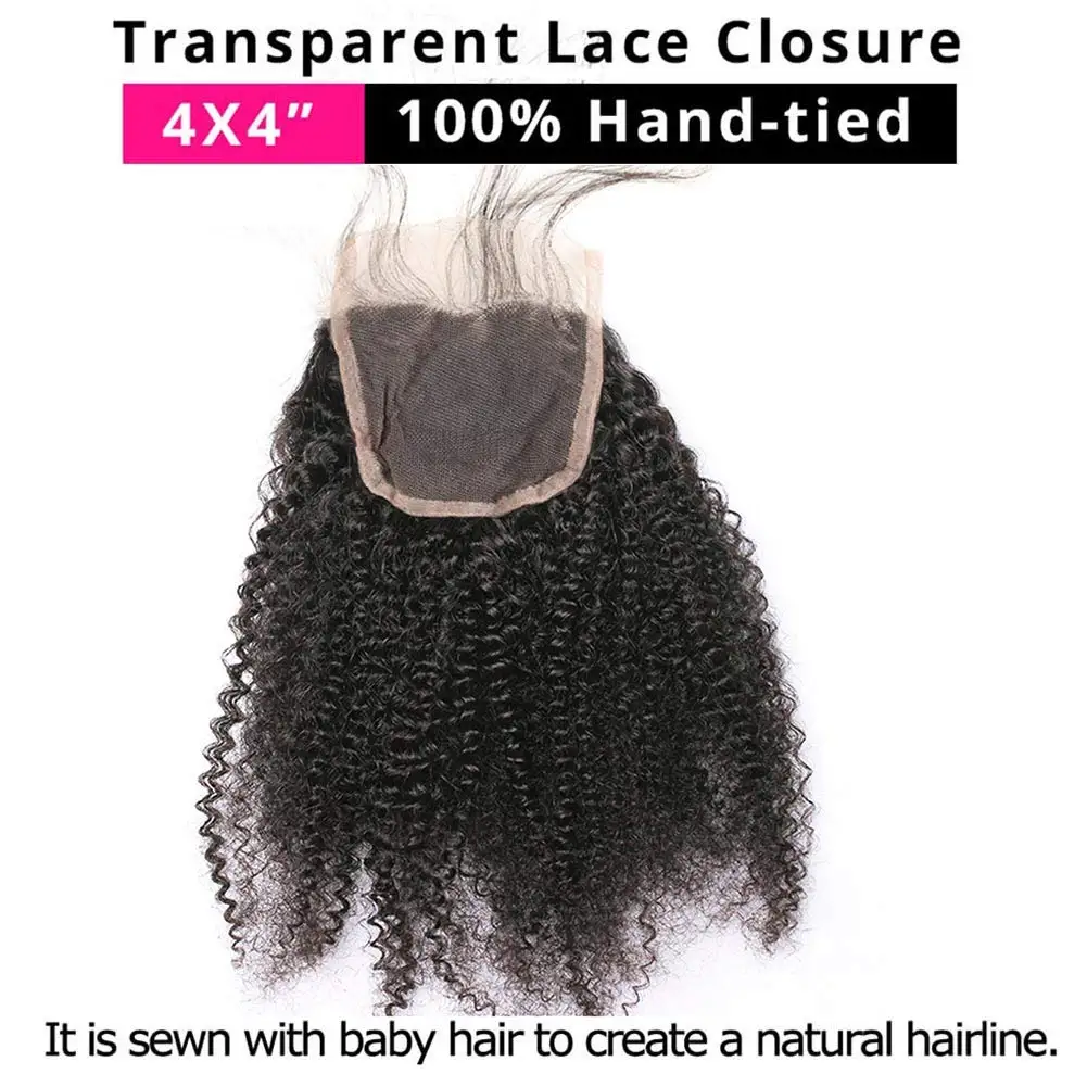 Human Hair Lace Closure Afro Kinky Curly Top Lace Closure 4X4 Top Closures Pre-plucked with Baby Hair Free Part