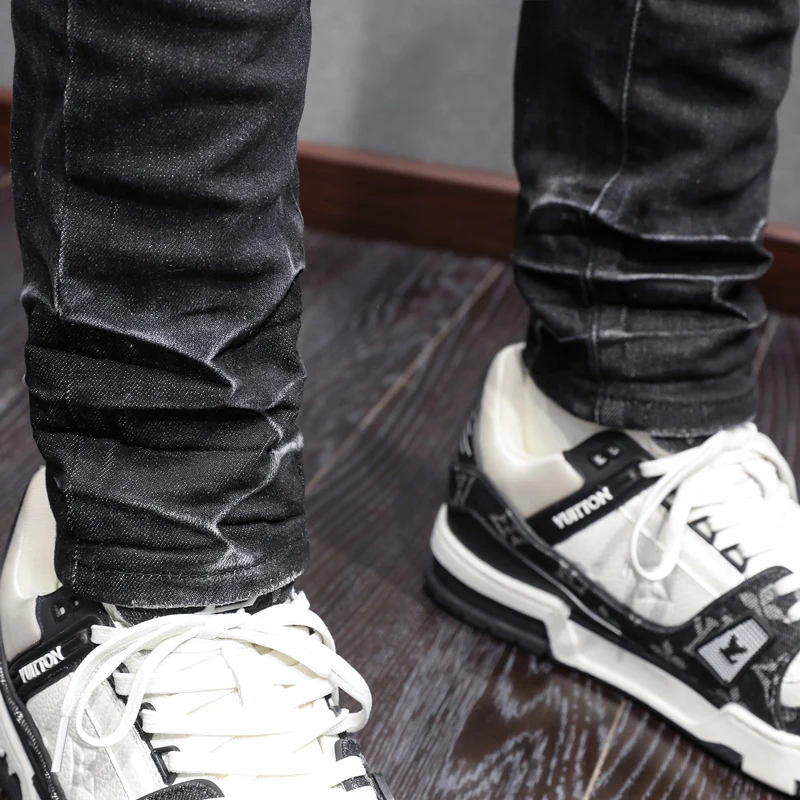 Latest Designer's Black Street Fashion Men's Elastic Jeans Retro Elastic Slim Fit Split Jeans Men's Retro Pants Spliced Hip Hop