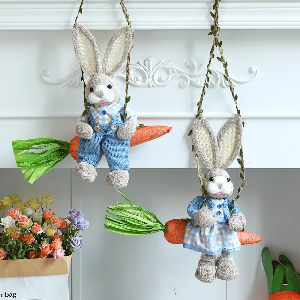 

Easter Simulation Swing Rabbit Pendant Decoration Creative Straw Bunny with Carrot Kids Toys Gifts Easter Home Party Supplies