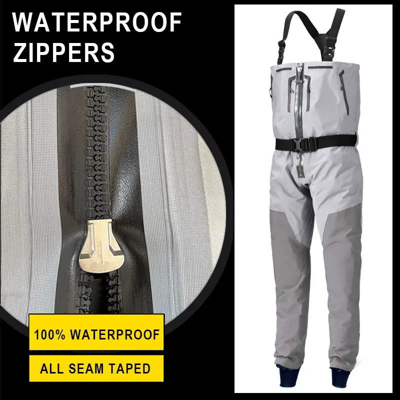 No Boots Zippered Chest Waders 4-Layers for Men with Latex Ankle Gaskets Waterproof Suit for Hunting Fishing Convertible Waders