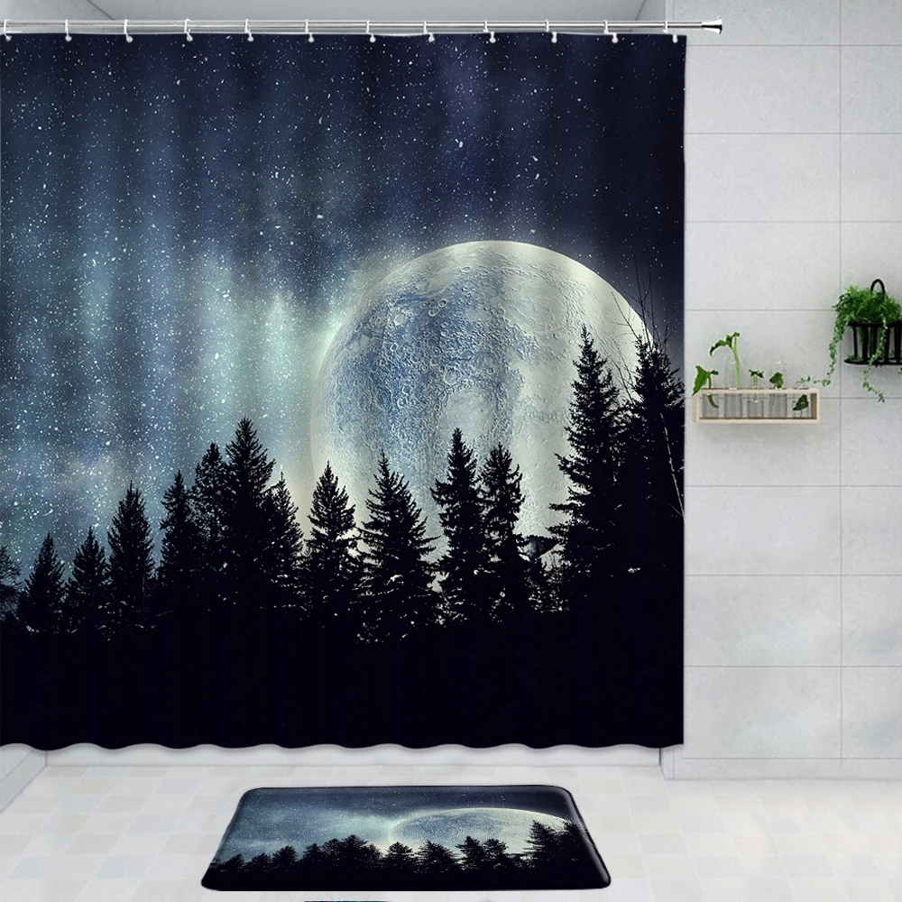 

Занавеска для душа с изображением звездной Луны и ночного леса