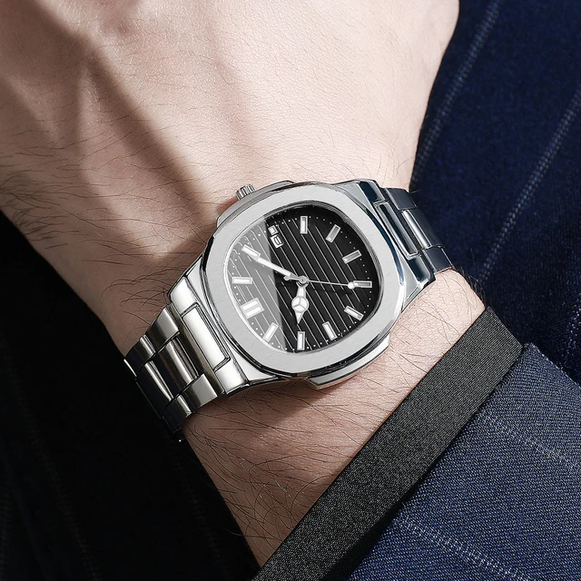 Men Fashion Wristwatches Business Square Dial Stainless Steel Strap Quartz Watch - Image 2