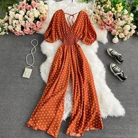 Autumn Sexy Polka Dot Romper Women Elegant V-Neck Puff Short Sleeve High Waist Jumpsuit Female Loose Wide Leg Playsuits Fashion