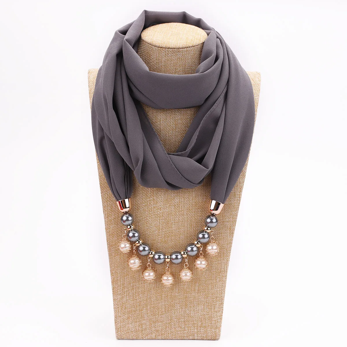 S9c4c7e099f9a48e288bea8153c49715bU Women Chiffon Neckerchief Hijabs Scarf Necklaces Beads Pearls Solid Color Jewelry Shawl Pendant Scarves Bohemia Head Scarf Mallzona