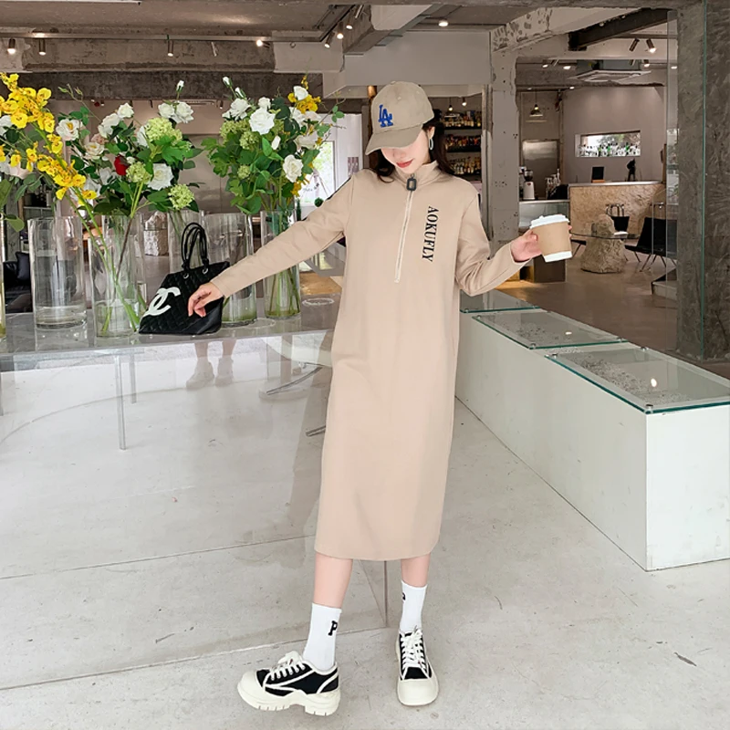 

2023 Spring Autumn Korea Fashion Hoodies Woman Dress With Zip Loose Cotton Long Sleeve Letter Print Maxi Long Dresses For Women
