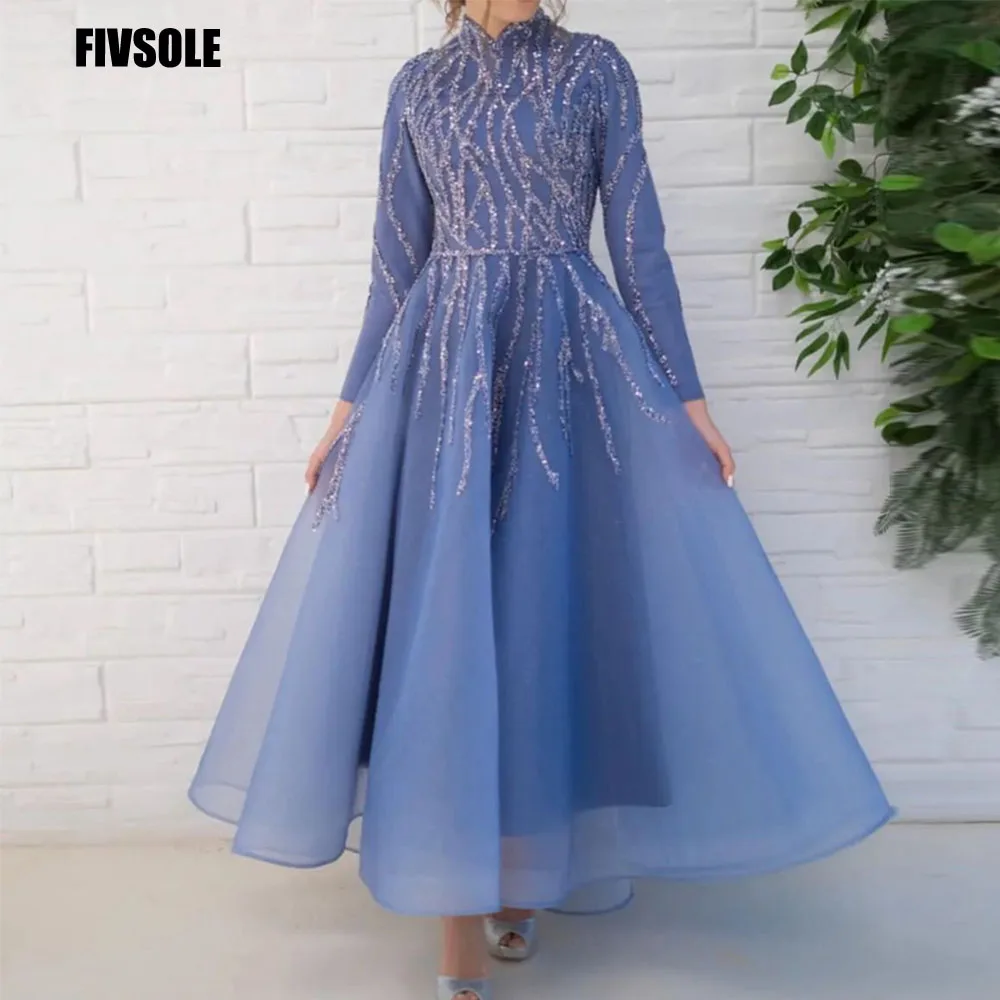 long evening gowns Fivsole Glitter Beaded Tulle Evening Dresses 2022 For Bride Long Sleeves A Line Tea Length Robes De Soirée Vestidos De Fiesta white evening gowns Evening Dresses