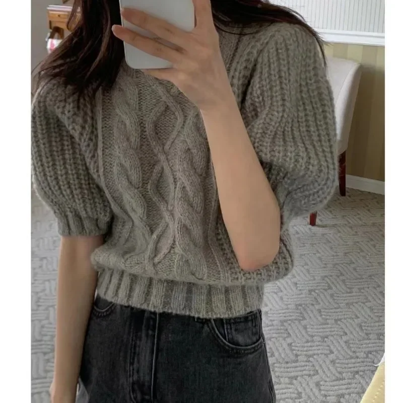 

Mujer Solid Color Puff Short Sleeve Sweater Women Pullover Jumper Pull Femme Knitwear Tops Casual Grey Sweaters Female V979