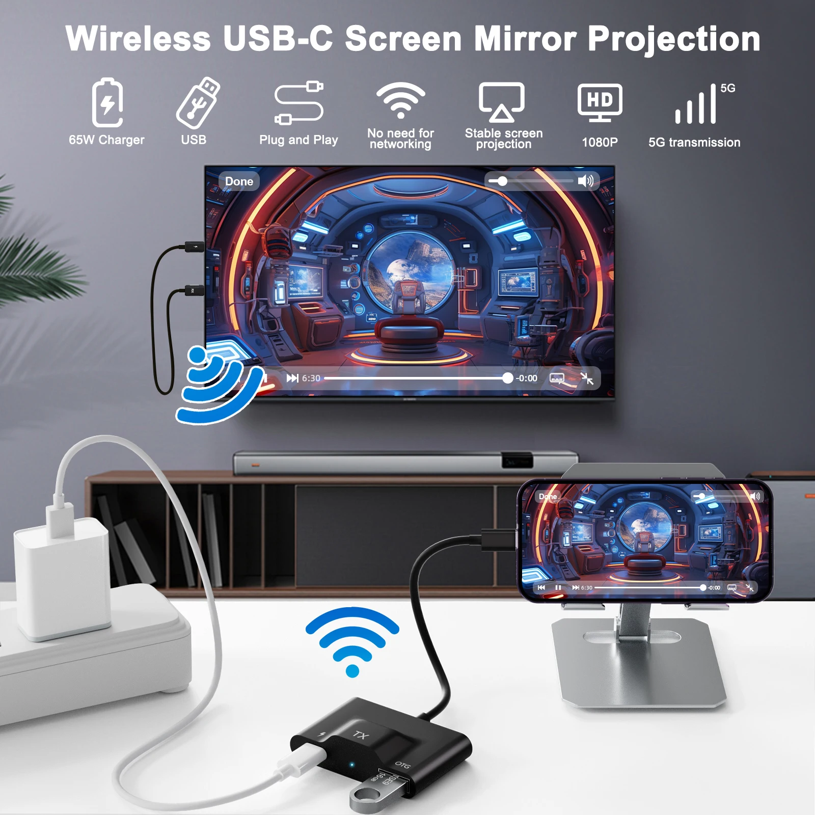 Wireless USB C to Transmitter and Reciever Adapter, Wireless Display Adapter Extender Streaming Video/ Audio to TV/ Projector, wireless video adapter