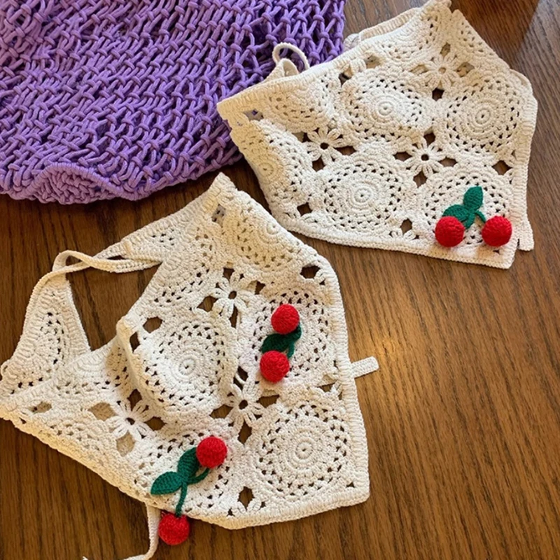 Gestricktes Dreieck-Stirnband, niedliche kleine Kirsche, französischer Pastoralstil, Stirnband, Handtuch, gehäkeltes Blumen-Kopftuch – Detail 6