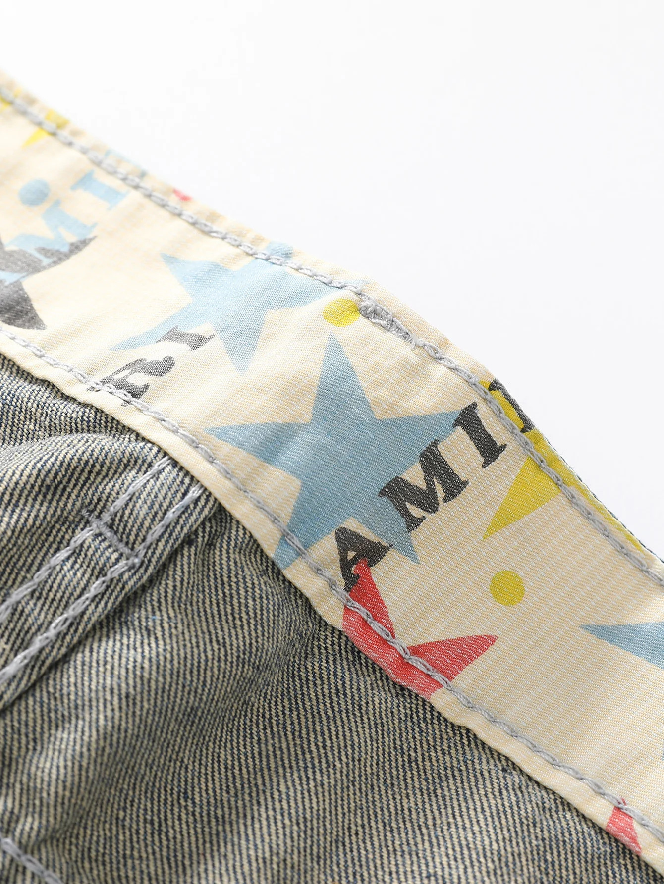 Men's Straight Non-stretch Cotton Casual Fashion Denim Pants Ripped Frayed Bleach Wash Jeans with Color Block