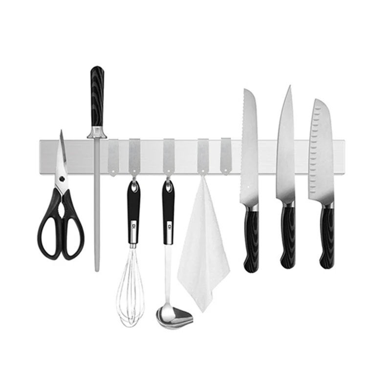 

16-дюймовая магнитная полоса для кухонных ножей с дополнительными 5 крючками, многофункциональные магнитные инструменты из нержавеющей стали, прочный нож