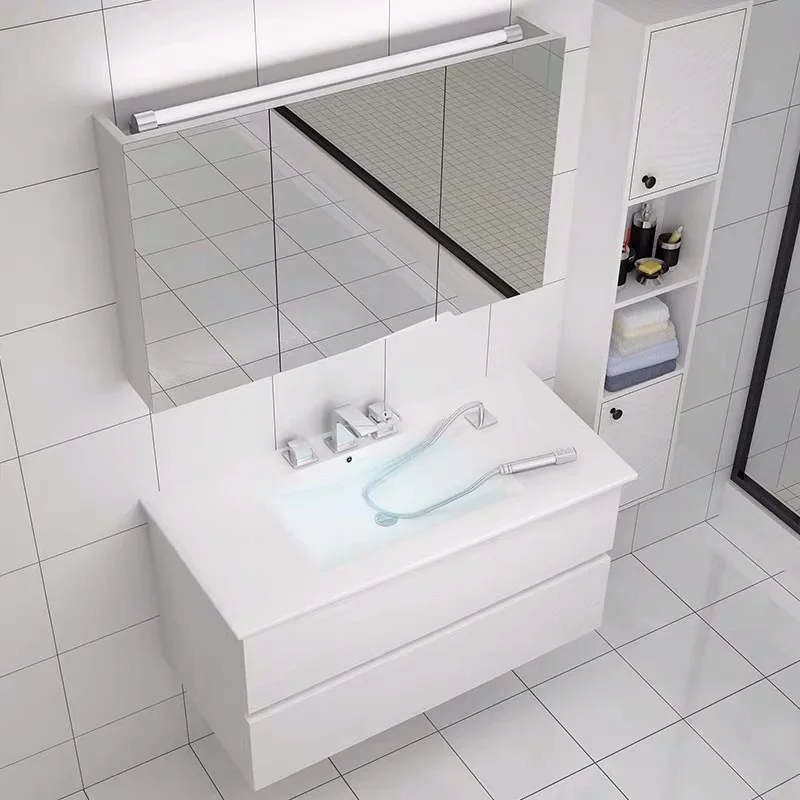 European White Modern Mirror Cabinet Vanity Toilet Furniture Bathroom Cabinet With Ceramic Wash Sink