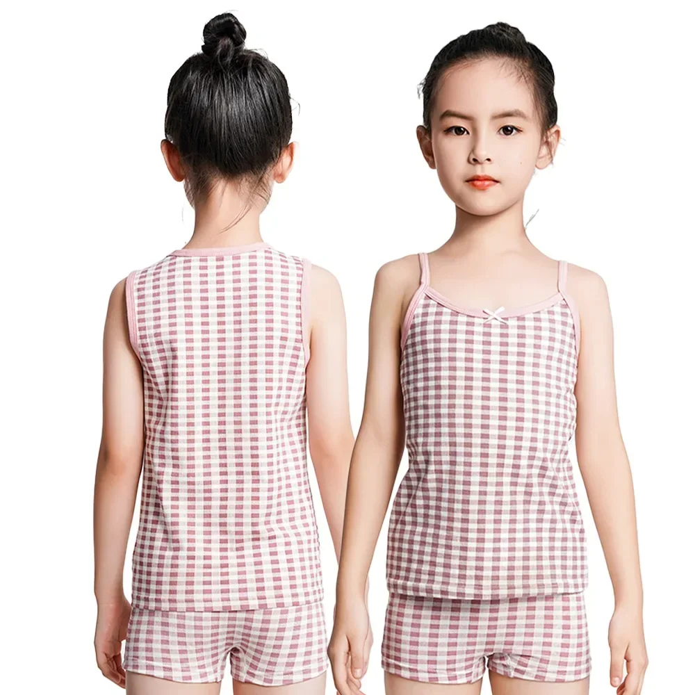 2025 Girls Cotton Tank Tops Underwear Young Teens Lingerie Kids Cartoon Vest Shorts Loungewear Set Children Undershirts 4pcs/lot 5